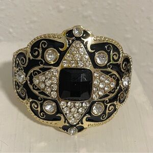 Bracelet Black Enamel Rhinestone Statement Cuff Gold Tone Wide Cuff